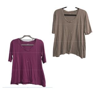 Lot of 2 Garnet Hill Elbow Sleeve Cotton Tee Shirts Size Small Magenta Tan